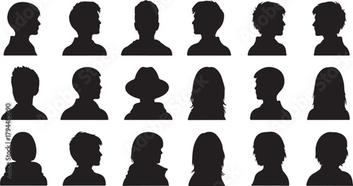 Diverse Silhouettes of Children and Adults in Profile and Front View