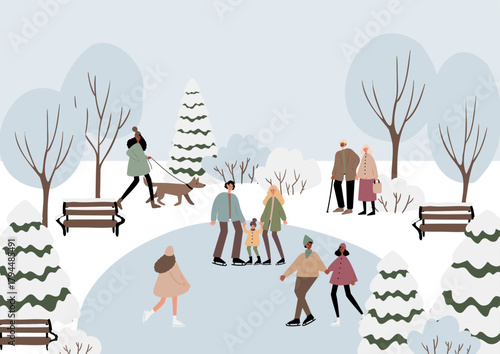 Winter park illustration with people ice skating among snowy trees. Multicultural families and couples enjoying festive season. Christmas and New Year celebration. Flat vector art.
