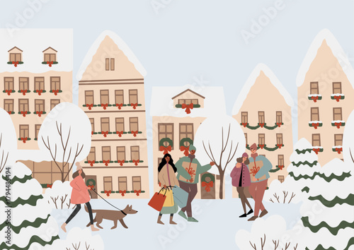 Winter city illustration with decorated houses, snowy fir trees and diverse people. Residents walk with gifts, walk dogs and enjoy festive Christmas atmosphere in urban environment. Flat vector art.