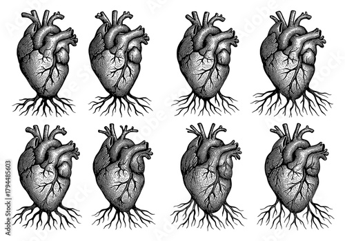 Intricate anatomical heart with tree roots pattern in detailed ink style
