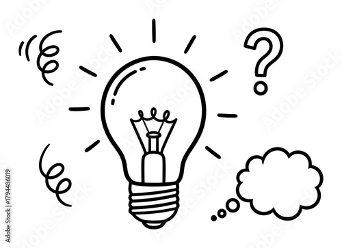 Minimalist Lightbulb & Idea Doodle Icon - Black Line Art Vector for Innovation & Creativity