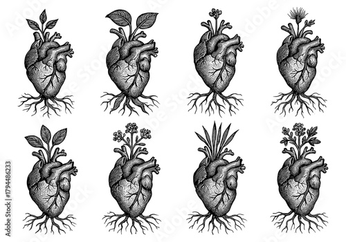 Botanical heart fusion: intricate plants emerging from detailed anatomical hearts