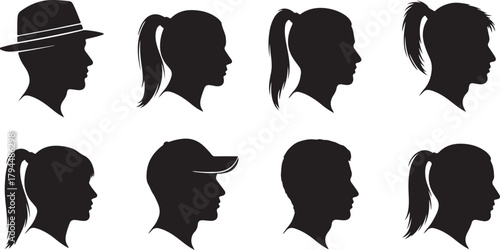 Diverse Silhouettes of People's Heads in Profile View