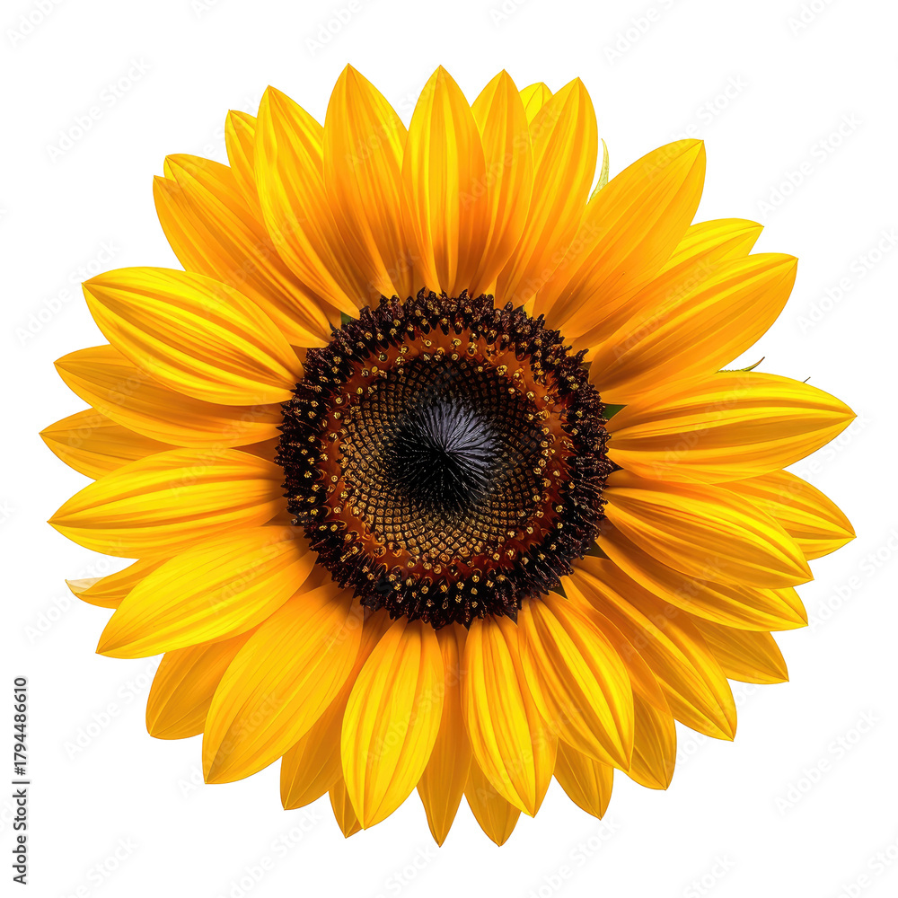 Fototapeta premium Sunflower Yellow petals surround dark center on black background