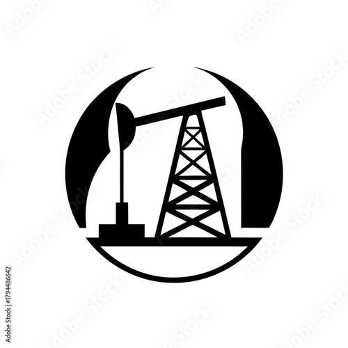 Oil drilling rig in circular frame on transparent background silhouette