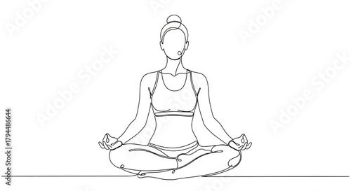 Continuous line drawing of woman meditating in lotus position minimal art style