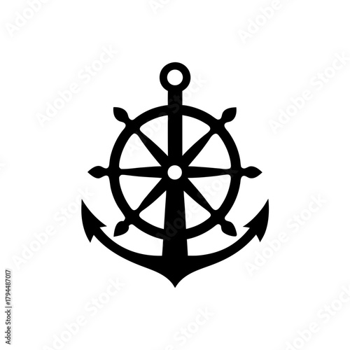 An anchor with a ship wheel overlayed on transparent background silhouette