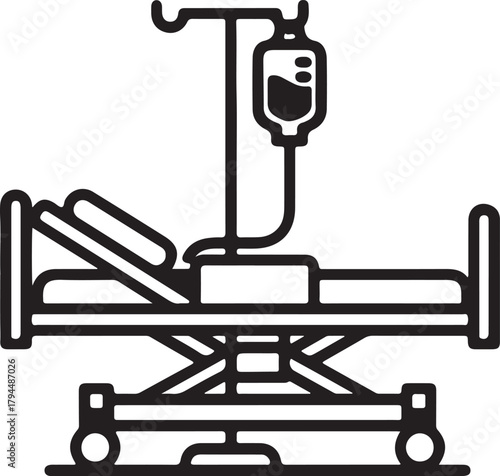 Hospital Bed with IV Drip Icon: Medical Care and Treatment Symbol