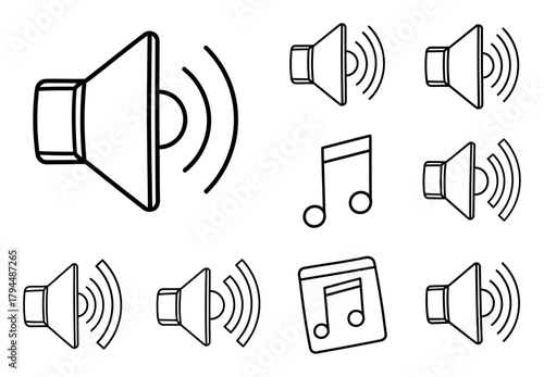 Minimalist Speaker & Sound Symbols Doodle - Black Line Art Vector