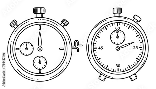 Simple Hand-Drawn Stopwatch and Timer Icons, Minimalist Black Line Art Vector Doodle