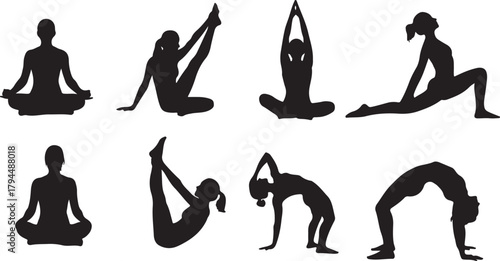 Silhouette Collection of Diverse Yoga Poses for Wellness and Flexibility
