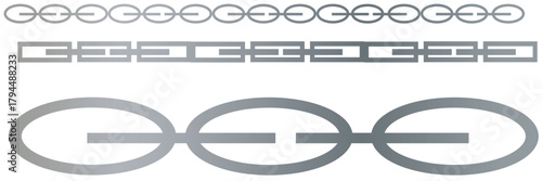 Monochrome set different type of metal chains in silhouette style. Seamless shape, for graphic design of logo, emblem, symbol, sign, badge, label, stamp, isolated on white background.