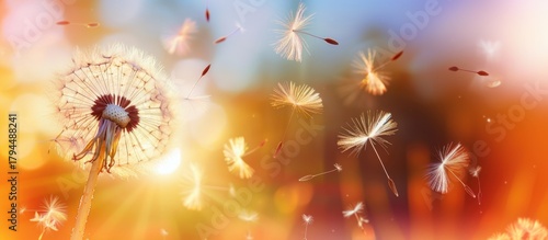 Obraz  z motywem A close-up of a dandelion puff releasing seeds into the air. The background features a soft, colorful bokeh effect with warm tones.