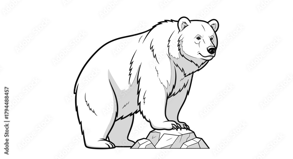 Obraz premium A detailed black and white illustration of a polar bear standing on a rock.