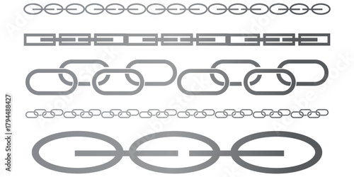 Monochrome set different type of metal chains in silhouette style. Seamless shape, for graphic design of logo, emblem, symbol, sign, badge, label, stamp, isolated on white background.