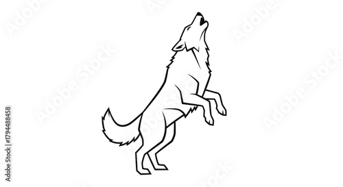 A simple black and white line drawing of a wolf standing on its hind legs and howling upwards.