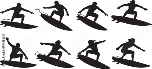 Silhouette of Surfers Riding Waves on Surfboards