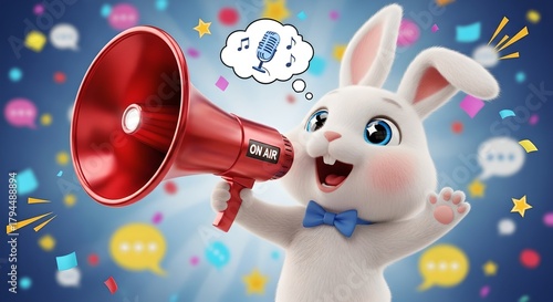 Lively rabbit delivers joyful promotion using shiny red megaphone in dynamic colorful high-resolution 3D render.