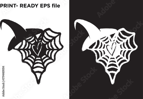 Distressed vector design of a witch's hat atop a spiderweb with a central heart, presented in stark black and white, conveying spooky love, Halloween romance, gothic aesthetics, and graphic motifs for