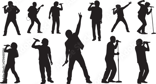 Silhouettes of singers and a guitarist performing on stage