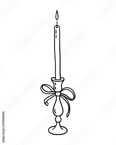 Burning candle in an candlestick with a ribbon bow. Hand drawn illustration in line style.