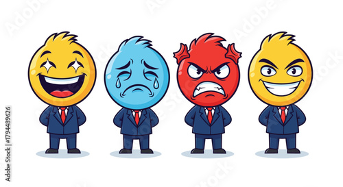 Four Business Emotion Cartoon Characters in Suits: Happy, Sad, Angry, and Cunning Expressions Illustrating Workplace Feelings and Moods