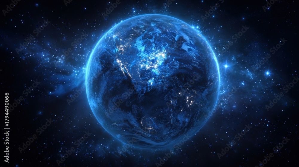 Naklejka premium Glowing blue earth with space stars