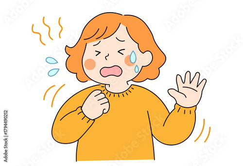 Woman feeling hot while wearing knit sweater illustration for temperature regulation and seasonal change concept