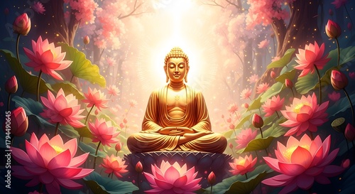 Serene buddha statue meditating amidst vibrant pink lotus flowers in a mystical forest with glowing sunlight filtering through the trees, symbolizing peace and enlightenment