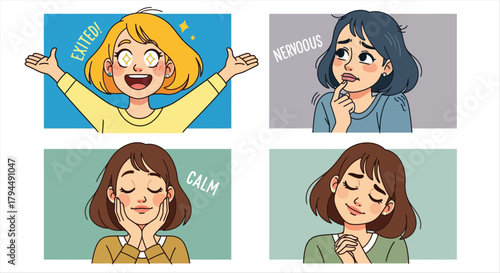 Collection of Cartoon Female Emotional Expressions: Excited, Nervous, Calm, and Contentment. Hand-Drawn Illustrations Representing Diverse Human Feelings and Mental States.
