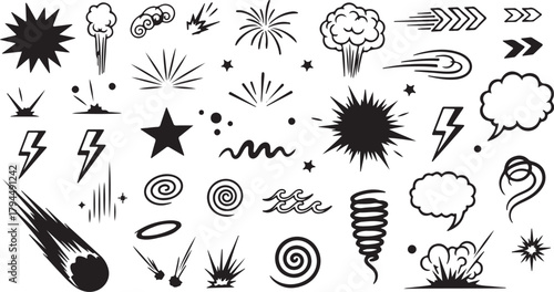 Hand drawn sketch doodle action effect Line speed cartoon effect, boom explosive motion line element set eps