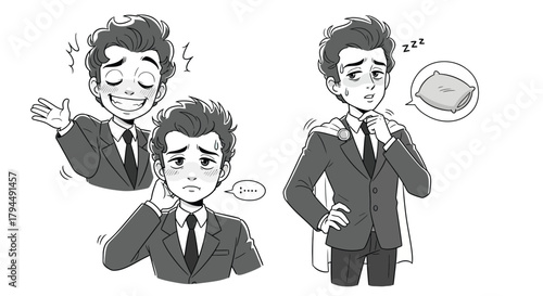 Young Businessman's Burnout: Energetic Facade, Exhausted Reality, and the Corporate Superhero Struggle for Sleep and Well-being