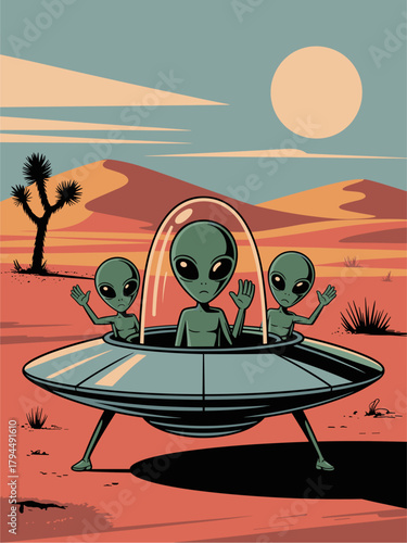 Retro futuristic vector poster of three green aliens in a flying saucer over a desert with orange dunes, Joshua tree, and turquoise sky, 1950s sci-fi style illustration