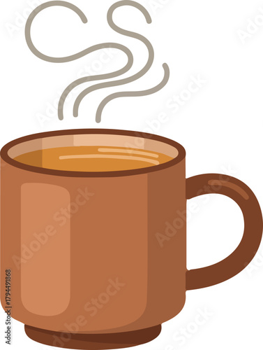 Brown ceramic mug with steaming hot beverage vector illustration for coffee tea or warm drinks