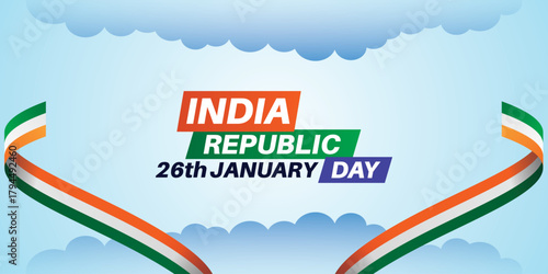 India Republic Day Celebration Banner with Tricolor Ribbons and Cloud Background