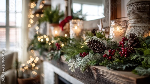 Evergreen garland draped across a wooden mantel with red berries, ribbons, and soft candle glow