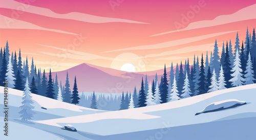 Snowy Sunset River Landscape with Pine Trees – Winter Vector Art