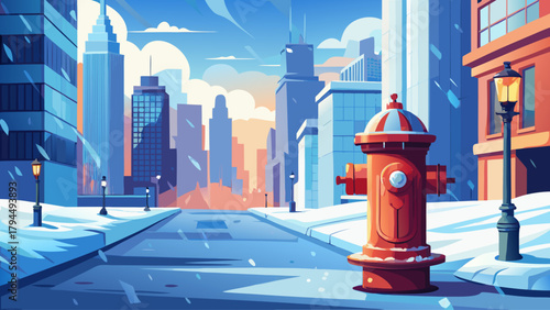 A frost-covered fire hydrant standing near a snowy city road, surrounded by blurred buildings and gentle snowflakes, capturing a clean and modern winter urban vibe