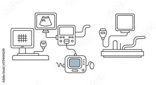 Interconnected Medical Diagnostic Equipment Network Illustration. Healthcare Technology System for Data Analysis, Patient Monitoring, and Digital Imaging in Line Art.