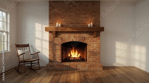 Modern farmhouse interior with brick fireplace, rocking chair, white walls, candles on mantle, cozy warm light, peaceful country home atmosphere. Generative AI