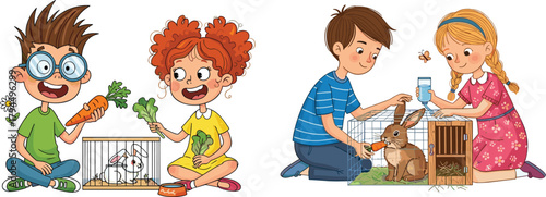 Cute children feeding rabbits with fresh vegetables in playful pet care scene, showing kindness, responsibility, animal care education, and happy childhood moments