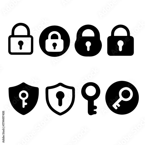 Lock and Security Icon Set – Padlock, Key, Shield Vector Collection