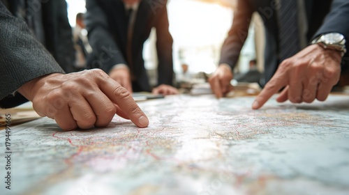 Adult mixed gender professionals in a bright conference room examining a large map spread across a table during a strategic planning meeting