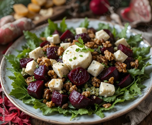 Rustic winter greens with roasted beets, goat cheese, and walnuts in a cozy holiday setting