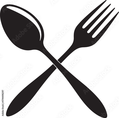 Crossed spoon and fork vector silhouette representing dining and culinary experiences for restaurant branding
