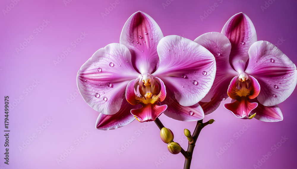 Obraz premium Macro shot of pink and white orchids with water droplets. Studio lighting highlights velvety petals against gradient purple. Botanical beauty with vintage elegance.