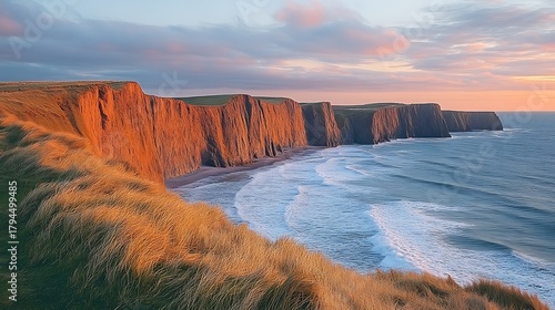 Coastal cliffs and ocean landscape at sunset