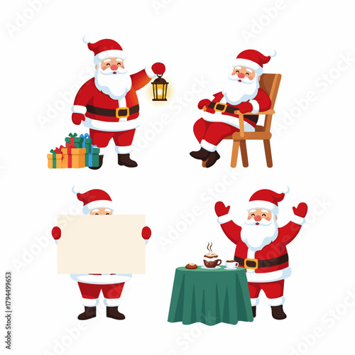 Set of Happy Santa Claus Cartoon Illustrations with Gifts, Chair, and Coffee on Transparent Background