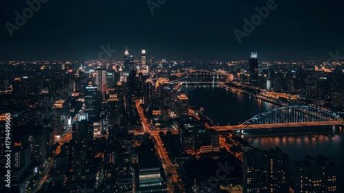 Wallpaper Mural Night city skyline aerial view with illuminated buildings, bridges and streets creating vibrant light in cityscape at night. Torontodigital.ca