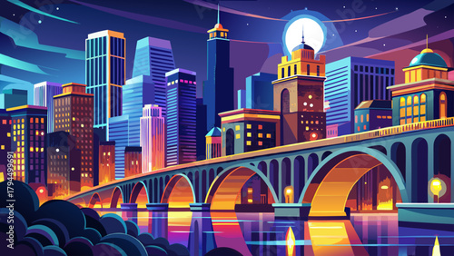 Very beautiful night view of the Stone Arch Bridge and downtown Minneapolis, Minnesota, featuring illuminated arches, glowing city lights, and shimmering reflections on the river, showcasing the city’